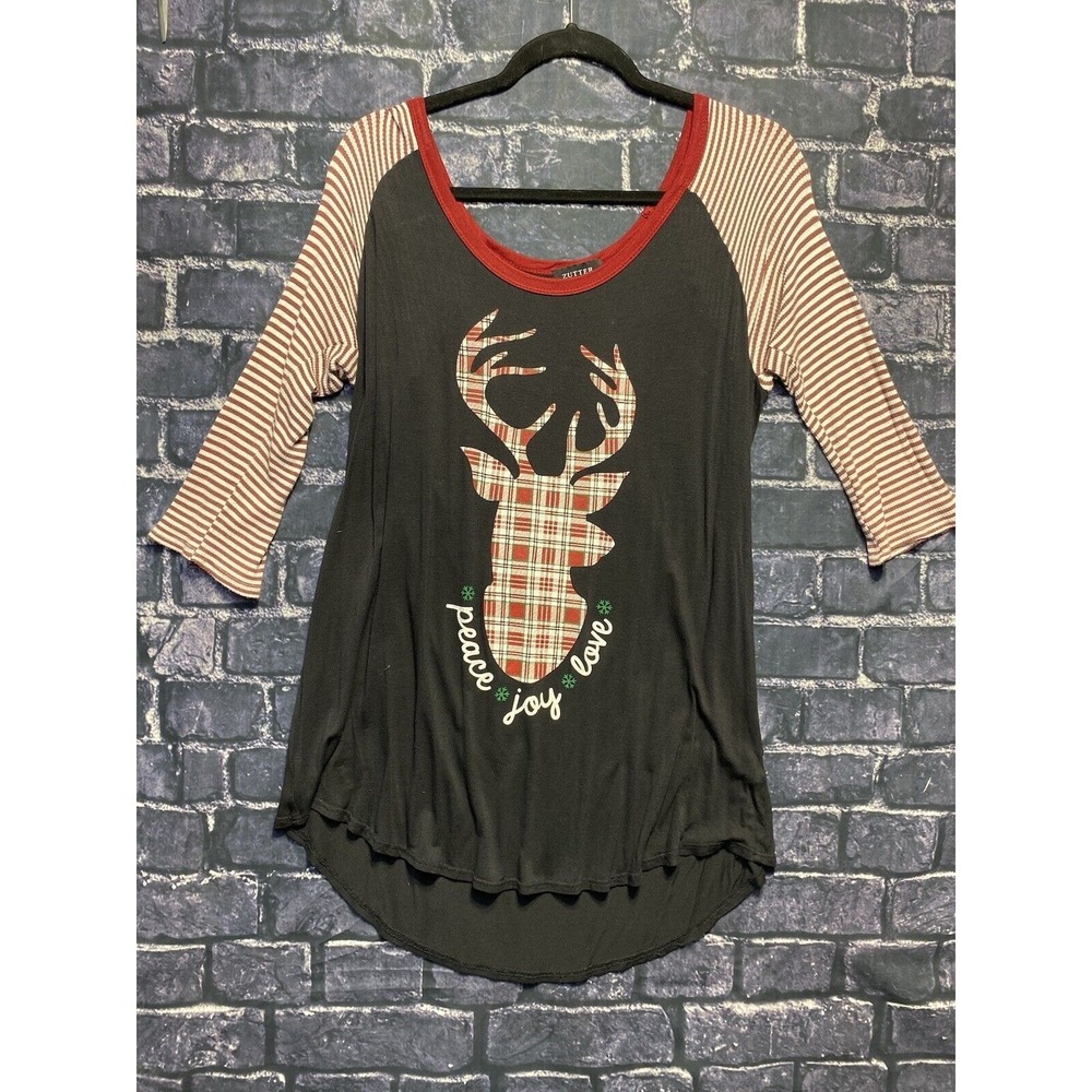 Zutter Womens Size Large Christmas Deer top 3/4 Sleeve Holiday Plaid‎ Stripe